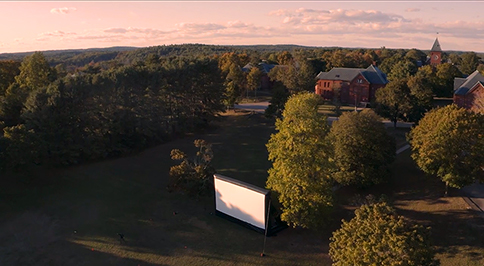Coolidge Corner outdoor drive-in movie series - aerial view of screen