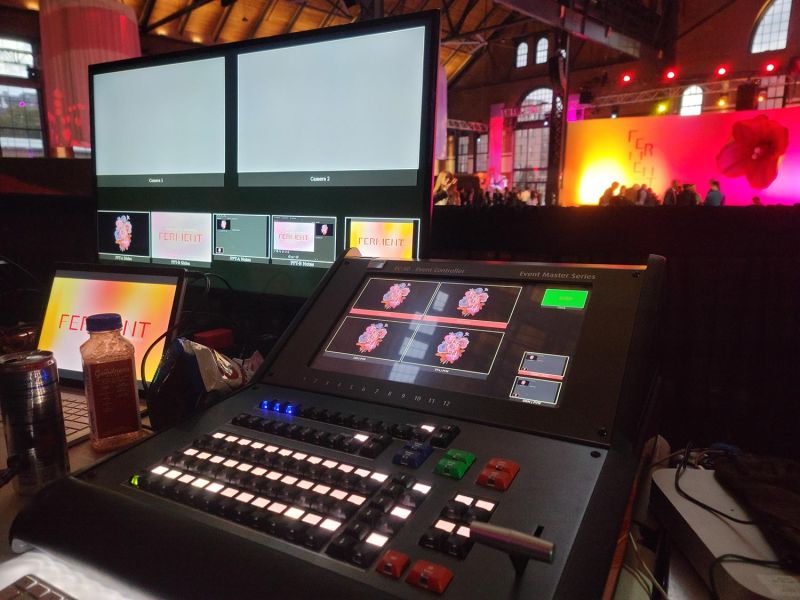 Video production control panel and monitors at a live event