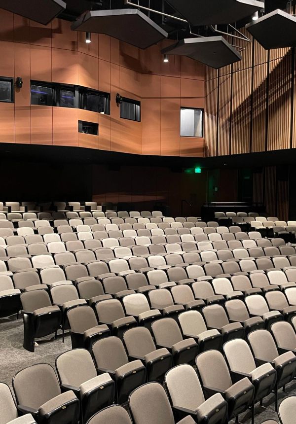 Modern theater interior with curved wood panel walls and rows of gray seats