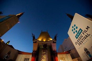 Exterior view of historic Chinese Theatre during evening film festival